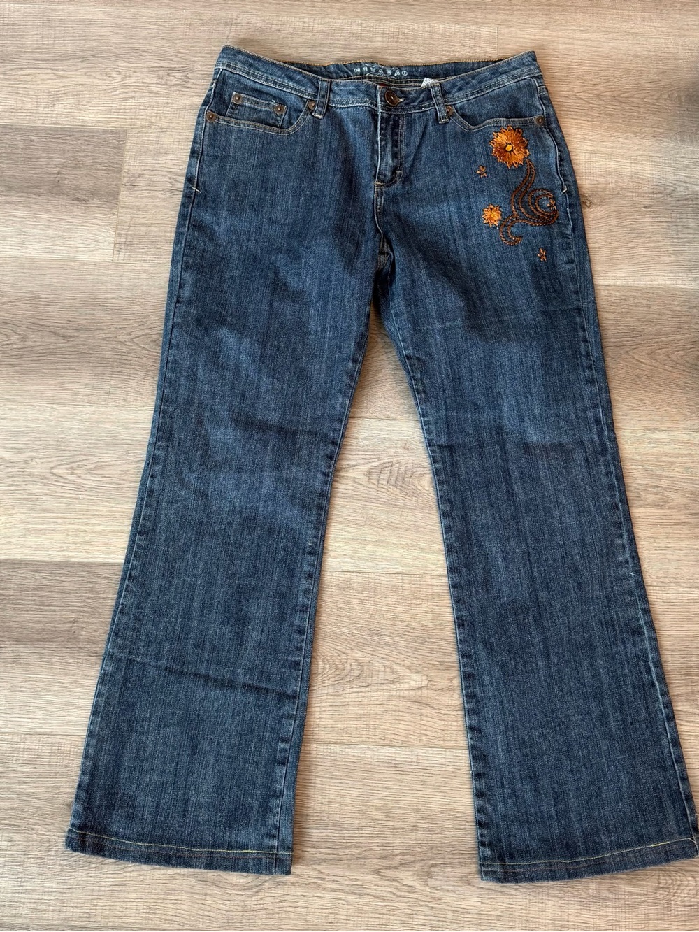 Women’s Blue Denim Jeans with Orange Floral Embroidery size 12